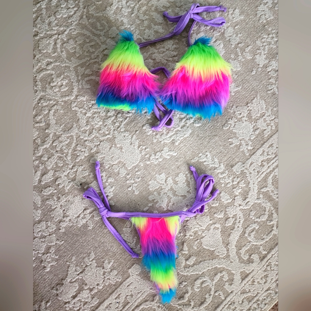 🚫SOLD🚫 Rainbow Fuzzy Bikini Style Set